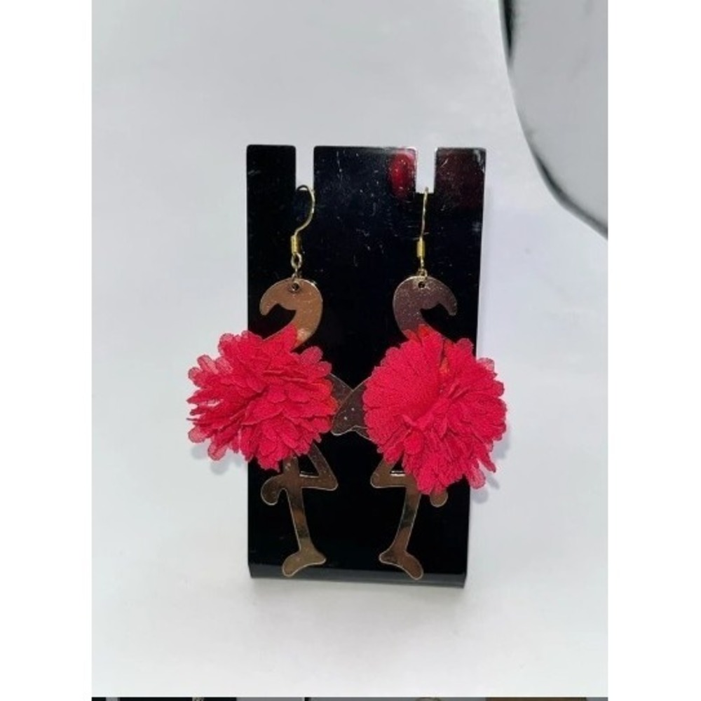 Flamingo earrings pink puff with gold plated body 14 k wires